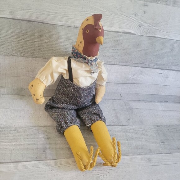 Vintage Chestnut Creek Folk Art Chicken Doll In Overalls & Bowtie Signed - Picture 1 of 9